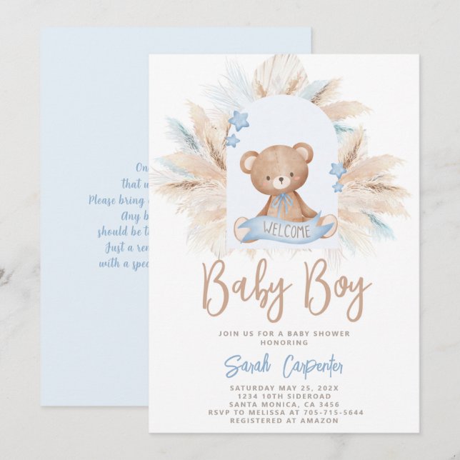Invitación de Bear Baby Shower Boy (Anverso / Reverso)