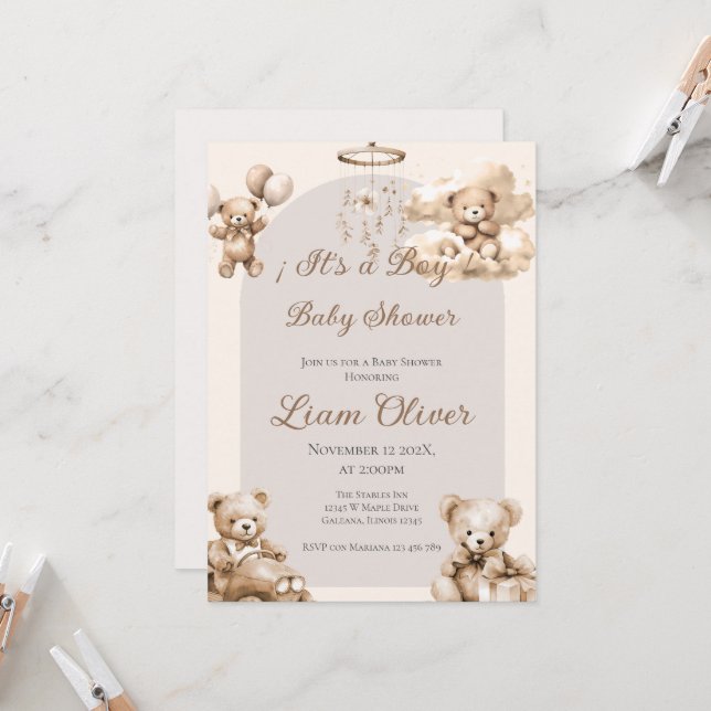 Invitación de Bear Baby Shower Boy (Anverso/Reverso In Situ)