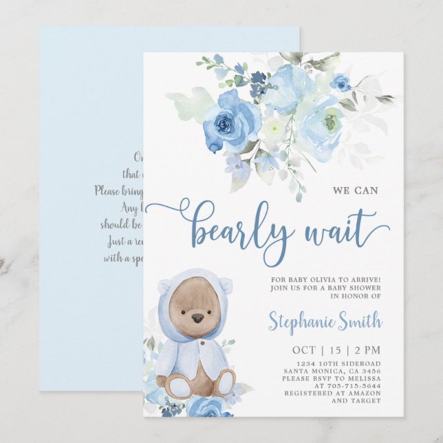 Invitación de Bear Baby Shower Boy (Anverso / Reverso)