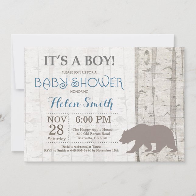 Invitación de Bear Boy Baby Shower Rústica Woodlan (Anverso)