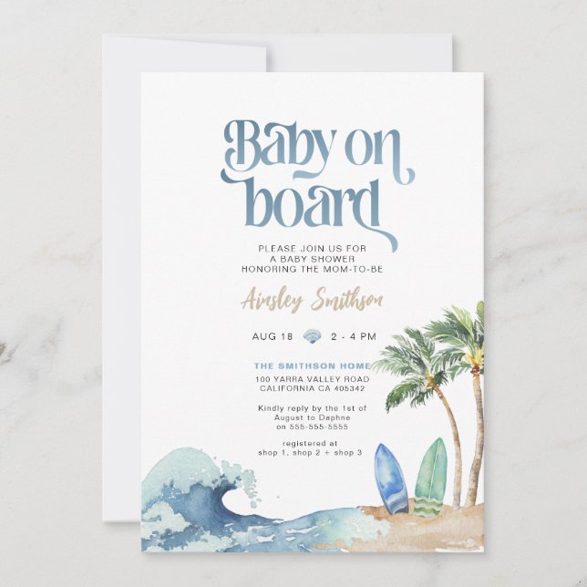 Invitación de bebé a bordo, Baby Shower de playa (Anverso)