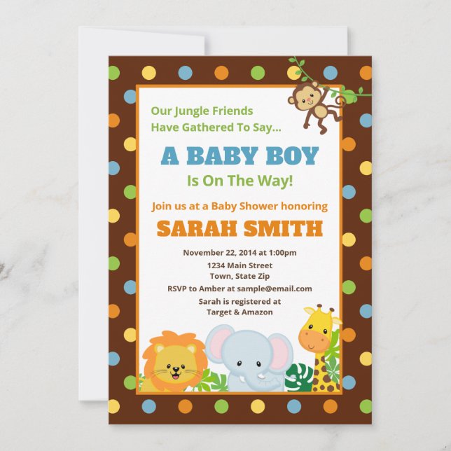 Invitación de bebe al Safari de la Jungla Baby Sho (Anverso)