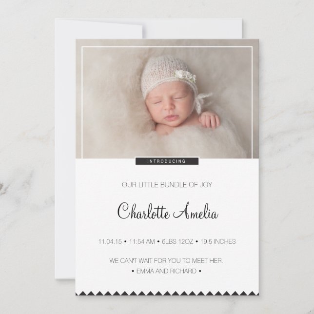 Invitación de bebé blanco y negro para niño o Chic (Anverso)