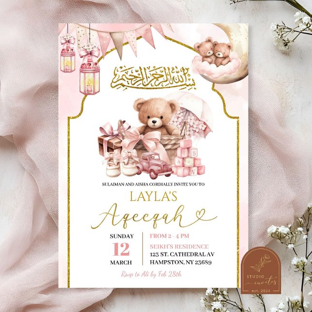 Invitación de bebé Chica de Aqeeeqah Bow Rosado (Subido por el creador)