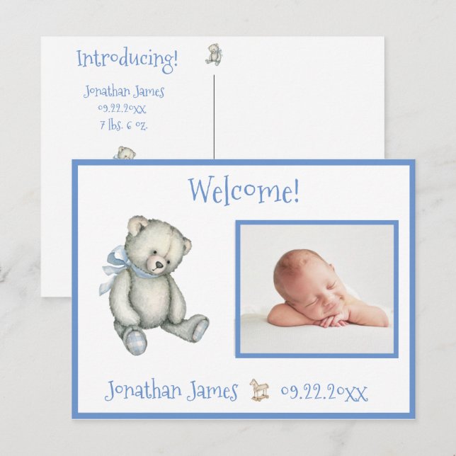 Invitación de bebé con foto de nacimiento azul (Anverso / Reverso)