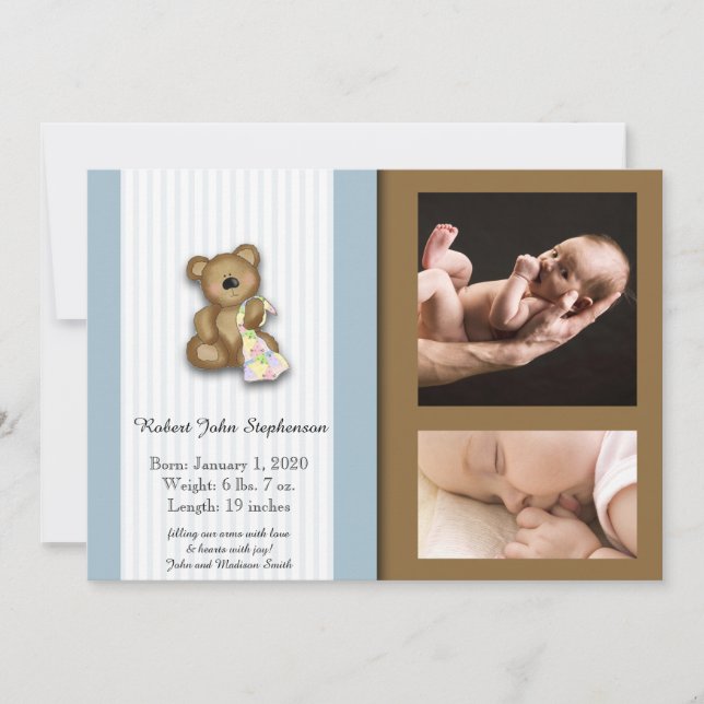 Invitación de bebé con foto de oso de peluche azul (Anverso)