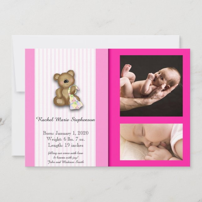 Invitación de bebé con foto de oso rosa Teddy (Anverso)
