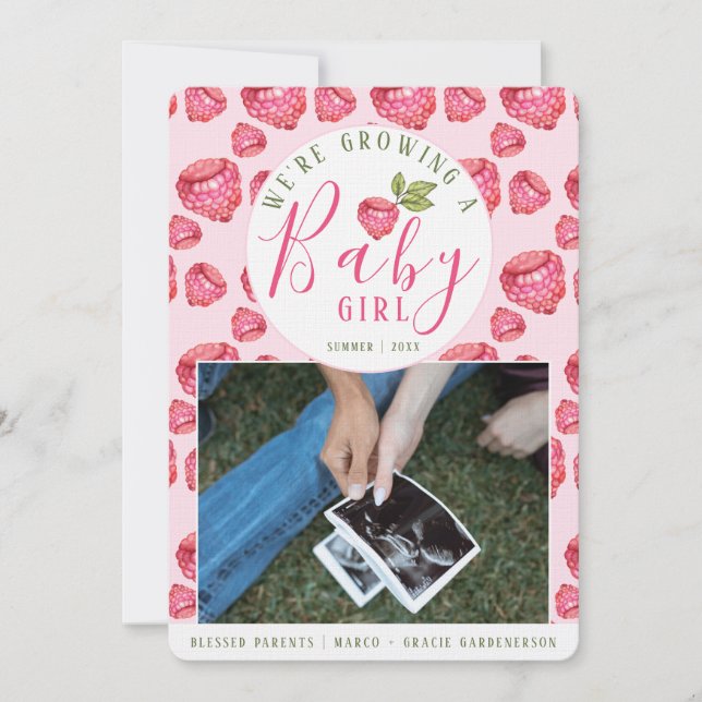 Invitación de bebe con frambuesas rosas (Anverso)