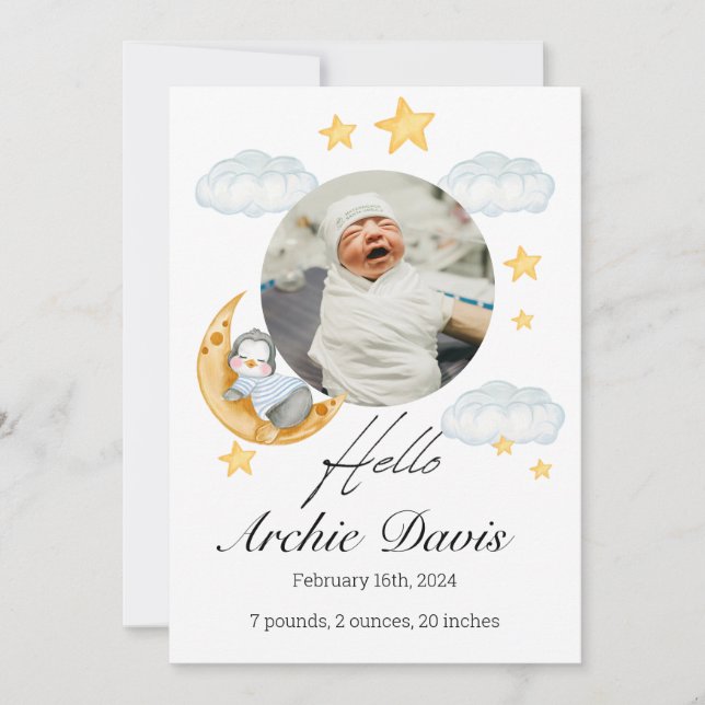 Invitación de bebé con un pingüino de bebé (Anverso)