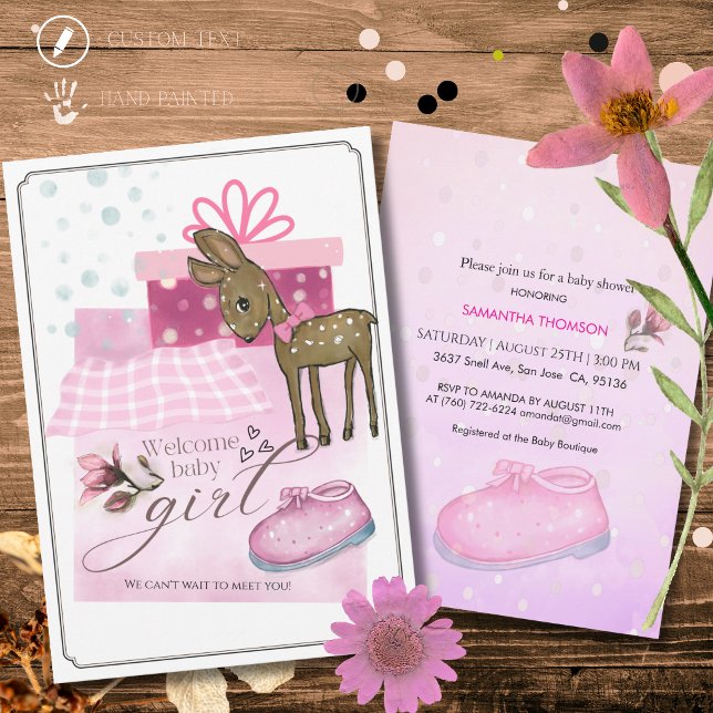 Invitación de bebé de acuarela linda con zapatito  (Cute Watercolor Fawn and Pink Shoe Baby Invitation)