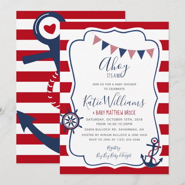 Invitación de bebé de Ancla Náutica Niño Blanco Ro (Anverso / Reverso)