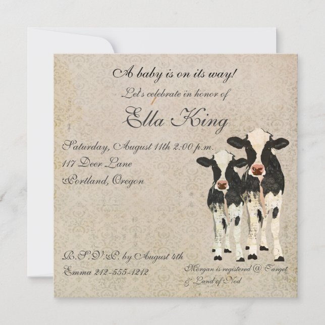 Invitación de bebe de las vacas de Onyx y marfil (Anverso)
