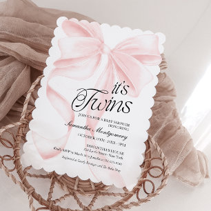 Invitación de bebé de lazo coqueta rosa para gemel