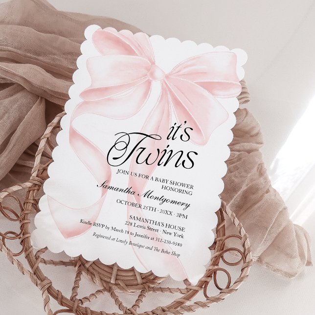 Invitación de bebé de lazo coqueta rosa para gemel (Subido por el creador)