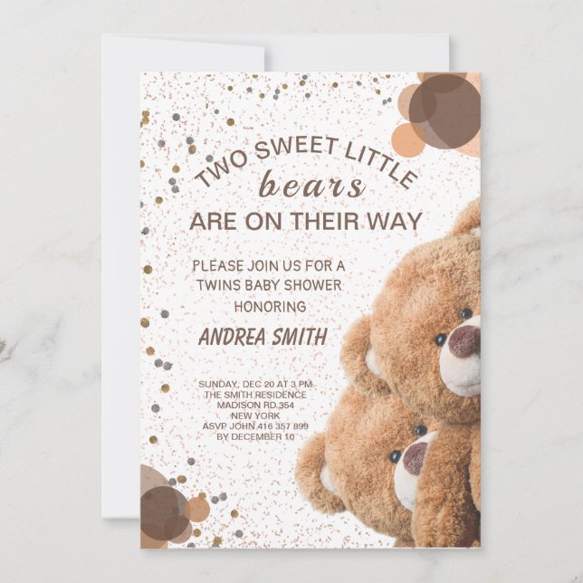 Invitación de bebé de ositos gemelos encantadores (Anverso)