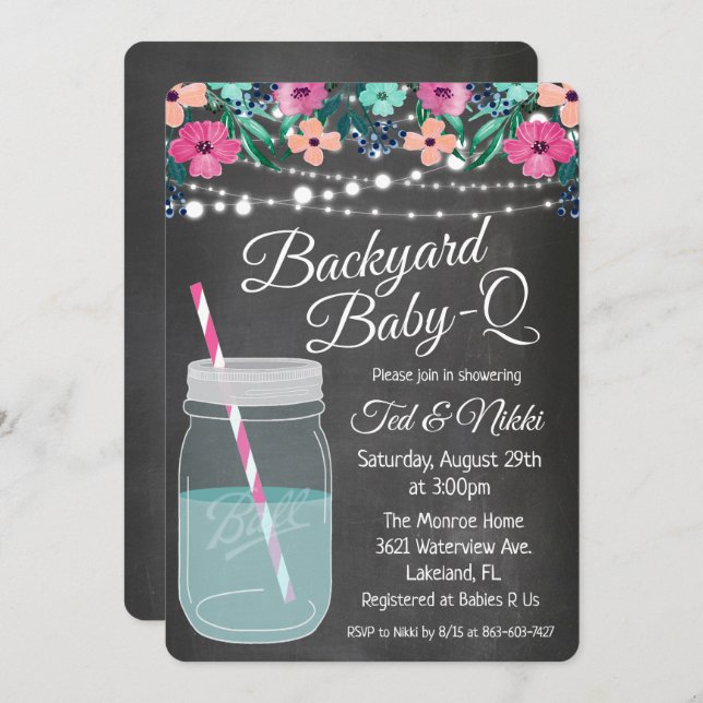 Invitación de Bebé de patio trasero Q Mason Jar (Anverso / Reverso)
