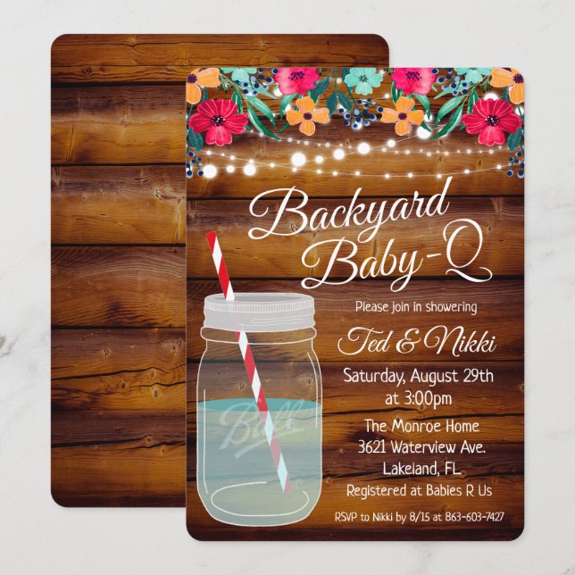 Invitación de Bebé de patio trasero Q Mason Jar (Anverso / Reverso)