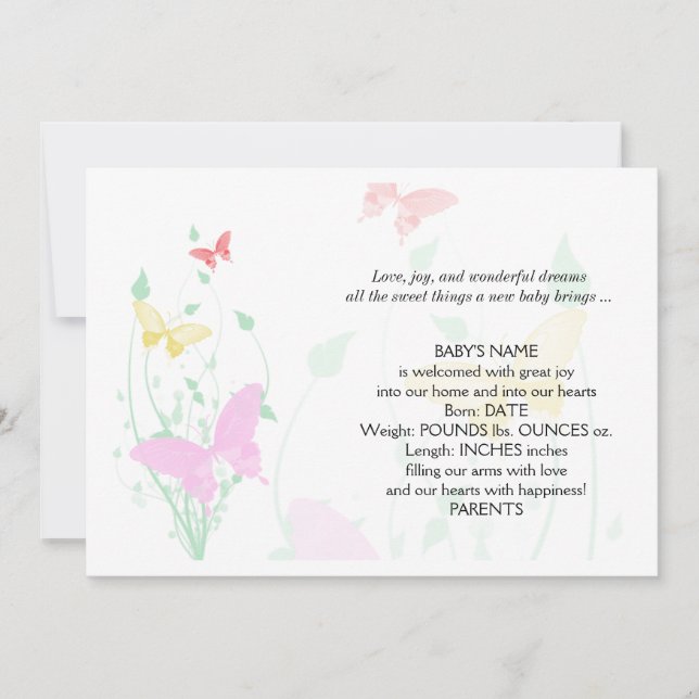 Invitación de bebé en el jardín de mariposa rosa (Anverso)
