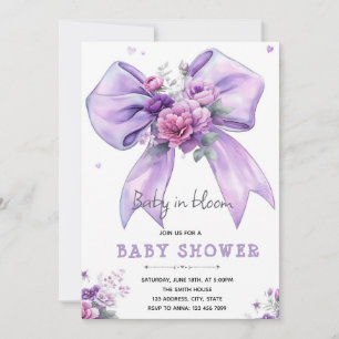 invitación de bebé en flor con lazo púrpura