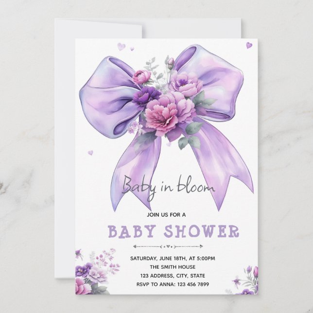 invitación de bebé en flor con lazo púrpura (Anverso)