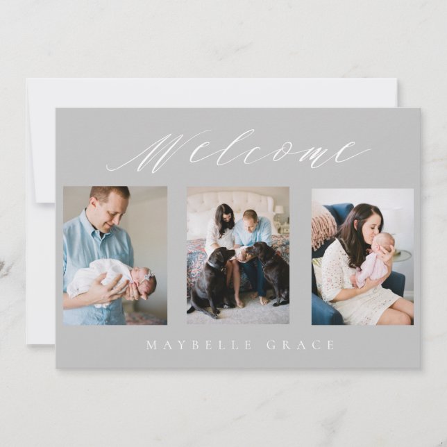 Invitación de bebé multifoto gris (Anverso)