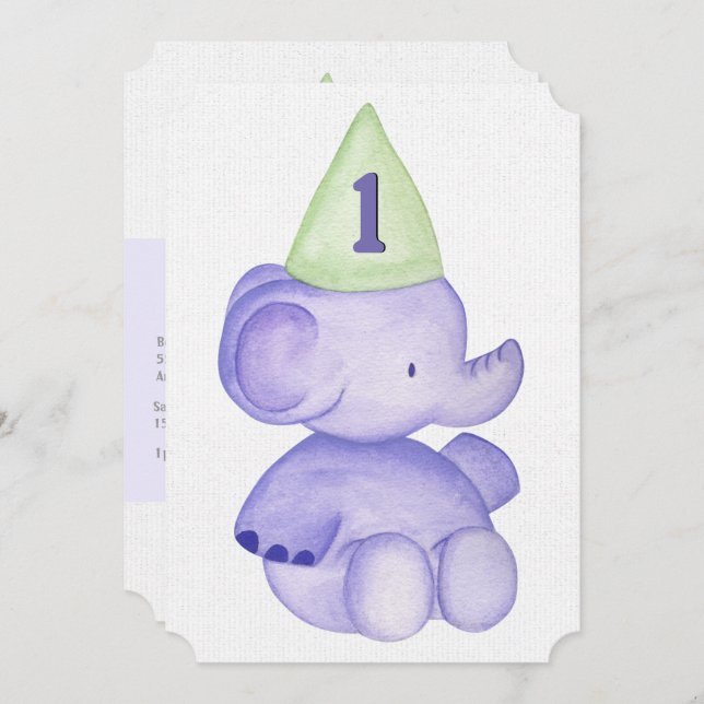 Invitación de bebé niño elefante morado primer cum (Anverso / Reverso)