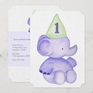 Invitación de bebé niño elefante morado primer cum