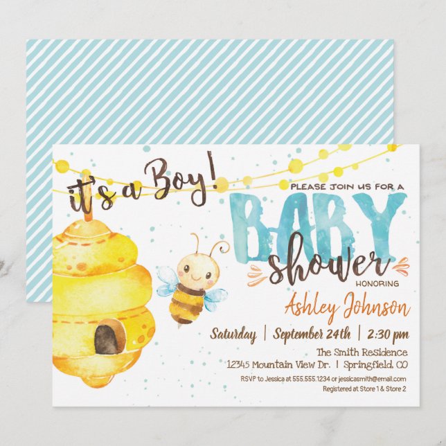 Invitación de Bee Baby Shower, Boy (Anverso / Reverso)