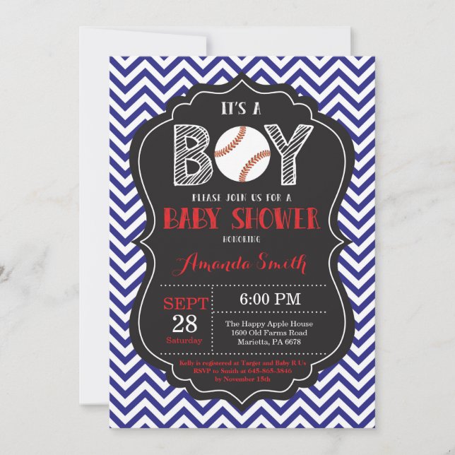 Invitación de beisbol Baby Shower Chevron Azul (Anverso)