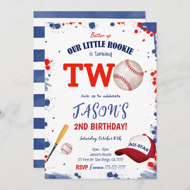 Invitación de béisbol para cumpleaños número 2 (Anverso / Reverso)