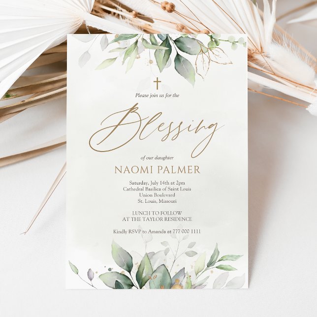Invitación de bendición de bebé con acuarela de ve (Greenery Watercolor Baby Blessing Invitation Card)