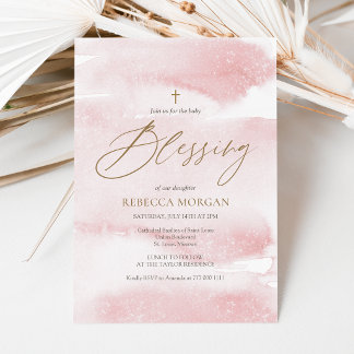 Invitación de bendición de bebé con acuarela rosa