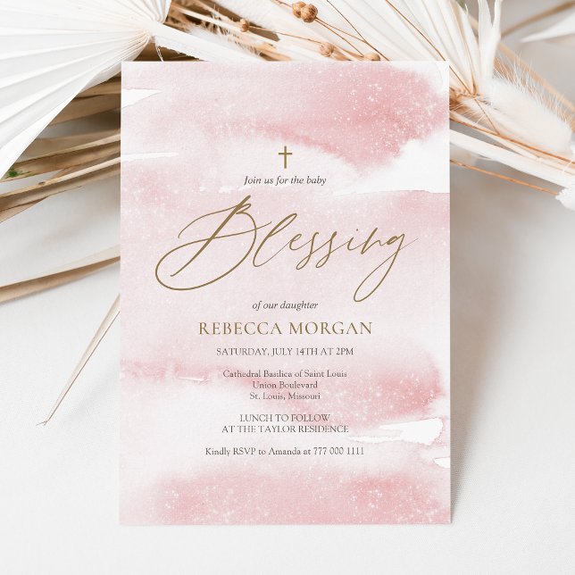 Invitación de bendición de bebé con acuarela rosa  (Dusty Pink Watercolor Baby Blessing Invitation Card)