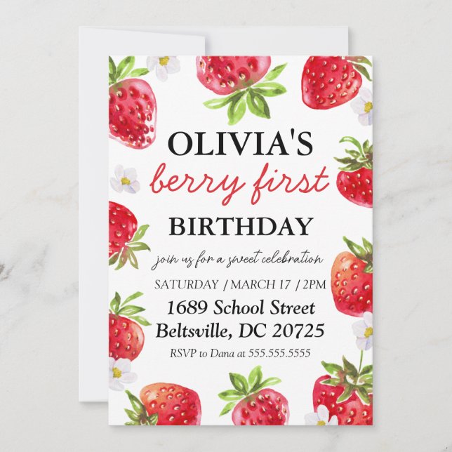 Invitación de Berry al primer cumpleaños de fresa  (Anverso)