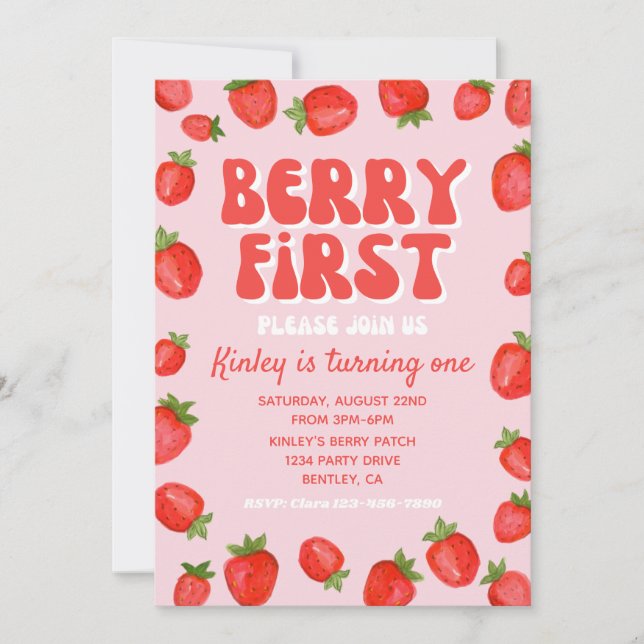 Invitación de Berry First Birthday | Fresa (Anverso)