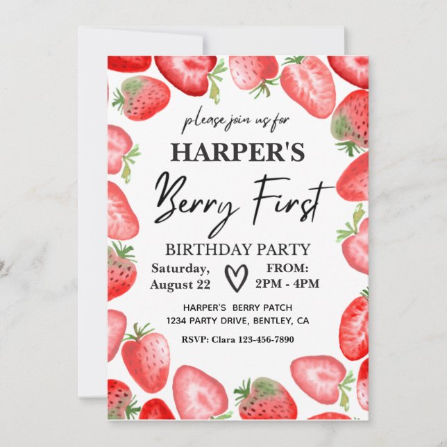 Invitación de Berry First Birthday | Fresa (Anverso)