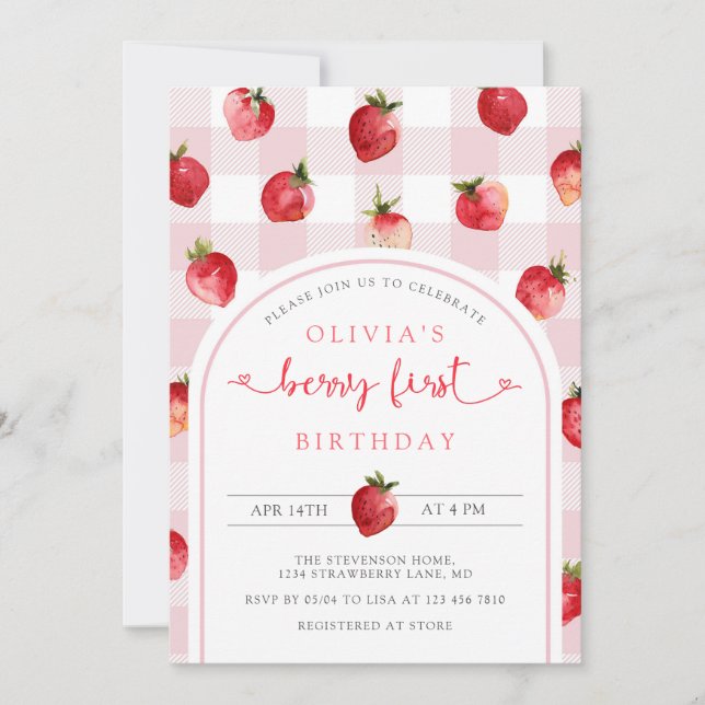 Invitación de Berry First Birthday | Fresas (Anverso)
