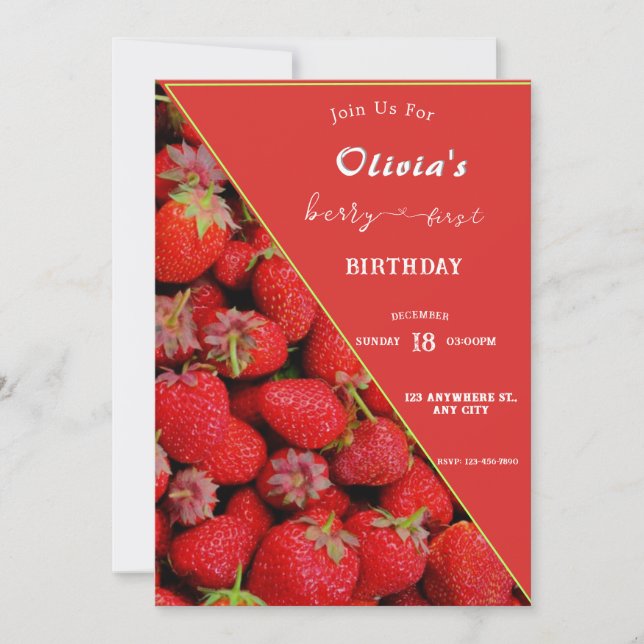 Invitación de Berry First Birthday | Tema de fresa (Anverso)