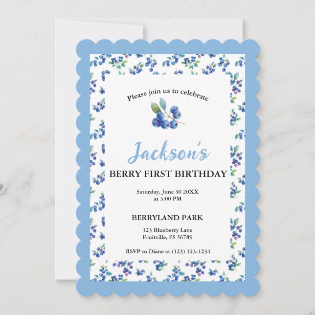Invitación de Berry First Birthday Watercolor Blue (Anverso)
