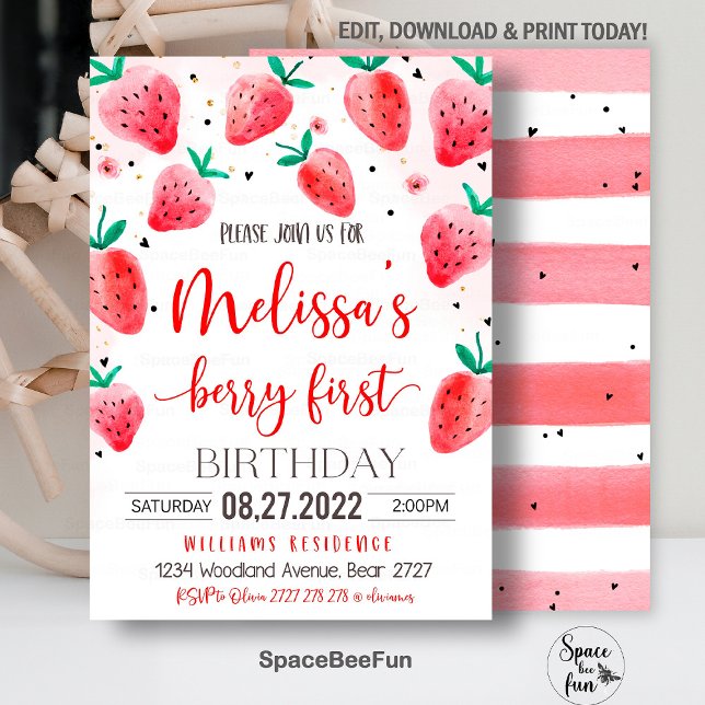 Invitación de Berry Primer Cumpleaños Fresa Birthd (Strawberry invite,First Birthday,Evite Electronic,Text Message,modern Berry,1st girl,Strawberry Part)