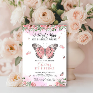 Invitación de Besos de Mariposa Rosa y Dorado