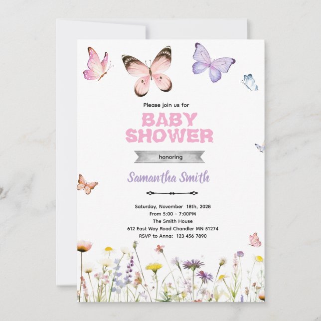 Invitación de Besos de Mariposa y Deseos de Bebé (Anverso)