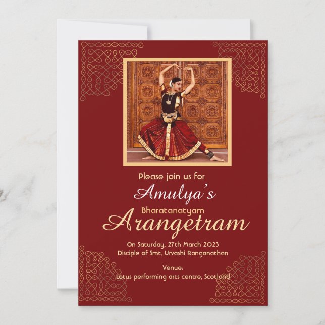 Invitación de Bharatanatyam Arangetram con tu foto (Anverso)