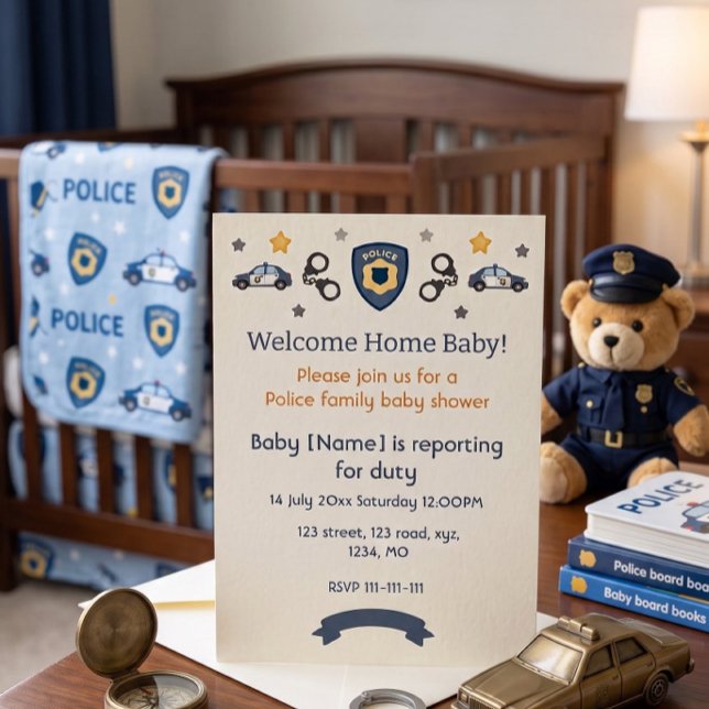 Invitación de bienvenida a casa para el bebé de la (Welcome Home Baby Police Family Shower Invitation)