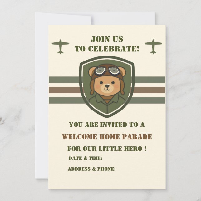 Invitación de bienvenida a casa para el oso aviado (Anverso)