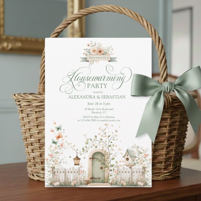 Invitación de bienvenida a la casa de acuarela rús (personalized floral rustic cottage housewarming party invitation with script calligraphy)