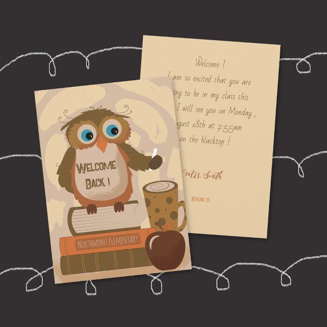 Invitación de Bienvenida Maestra Búho Marrón (Welcome Back Brown Owl Teacher Invitation (printed version) .)