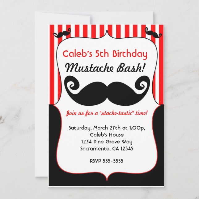 Invitación de bigote rojo blanco y negro rayado Ba (Anverso)
