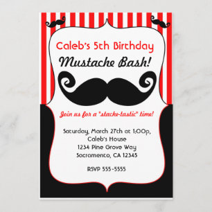 Invitación de bigote rojo blanco y negro rayado Ba