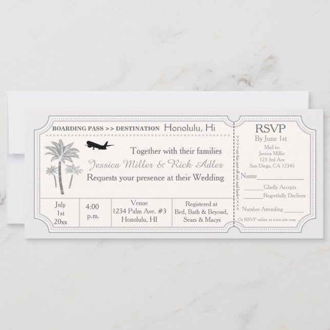 Invitación de billete para destino de boda de palm (Anverso)